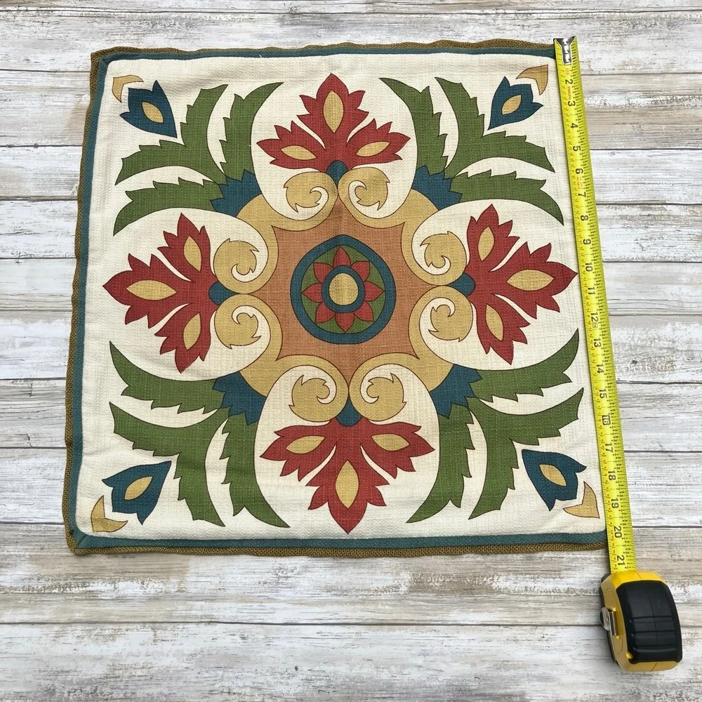 Pier 1 Throw Pillow Cover Sham Cotton‎ Bohemian Green Cream Colorful 19.5